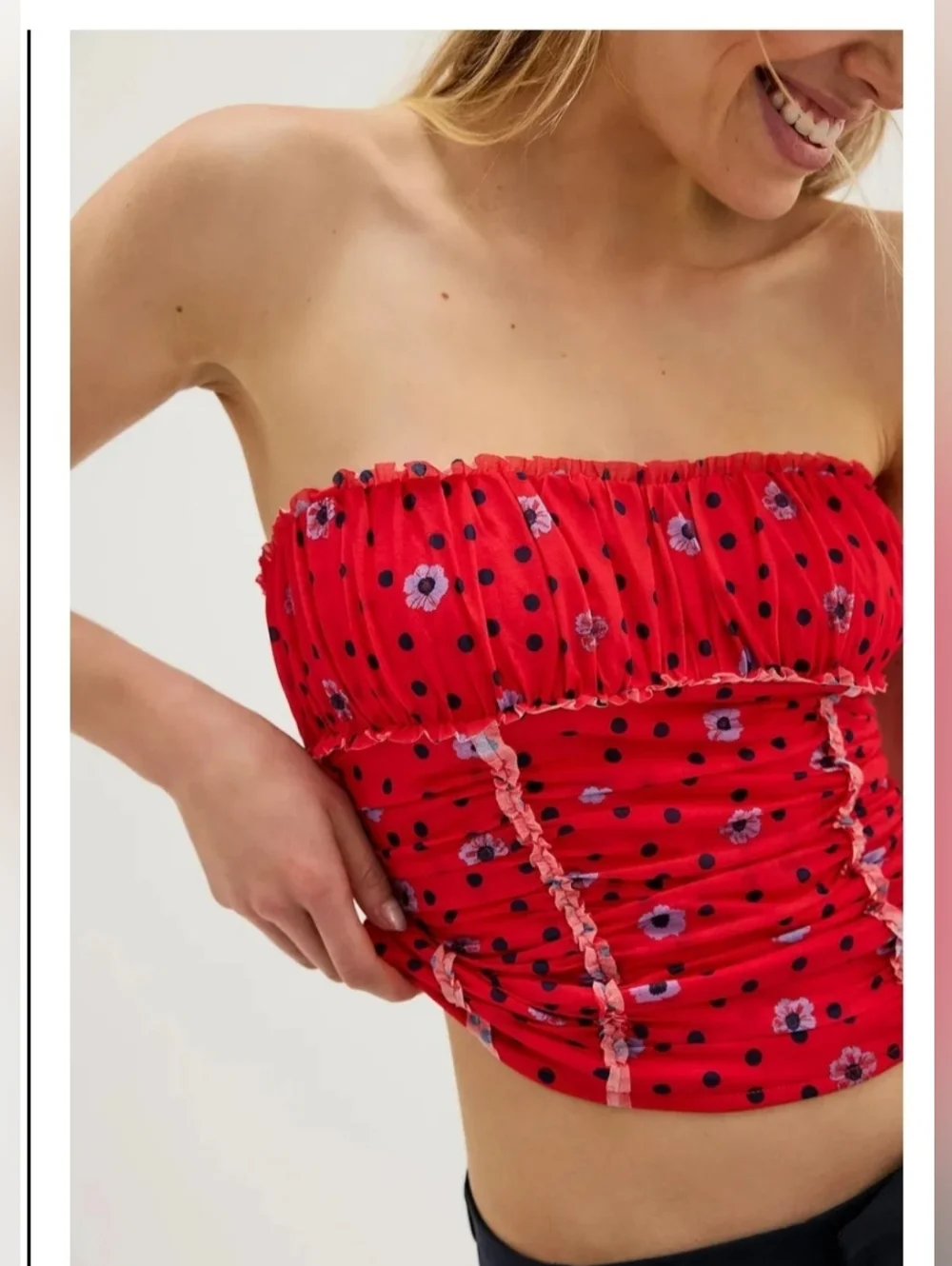 FREE PEOPLE Scottie red blue polka dot dainty flowers Printed Tube size XL new‎